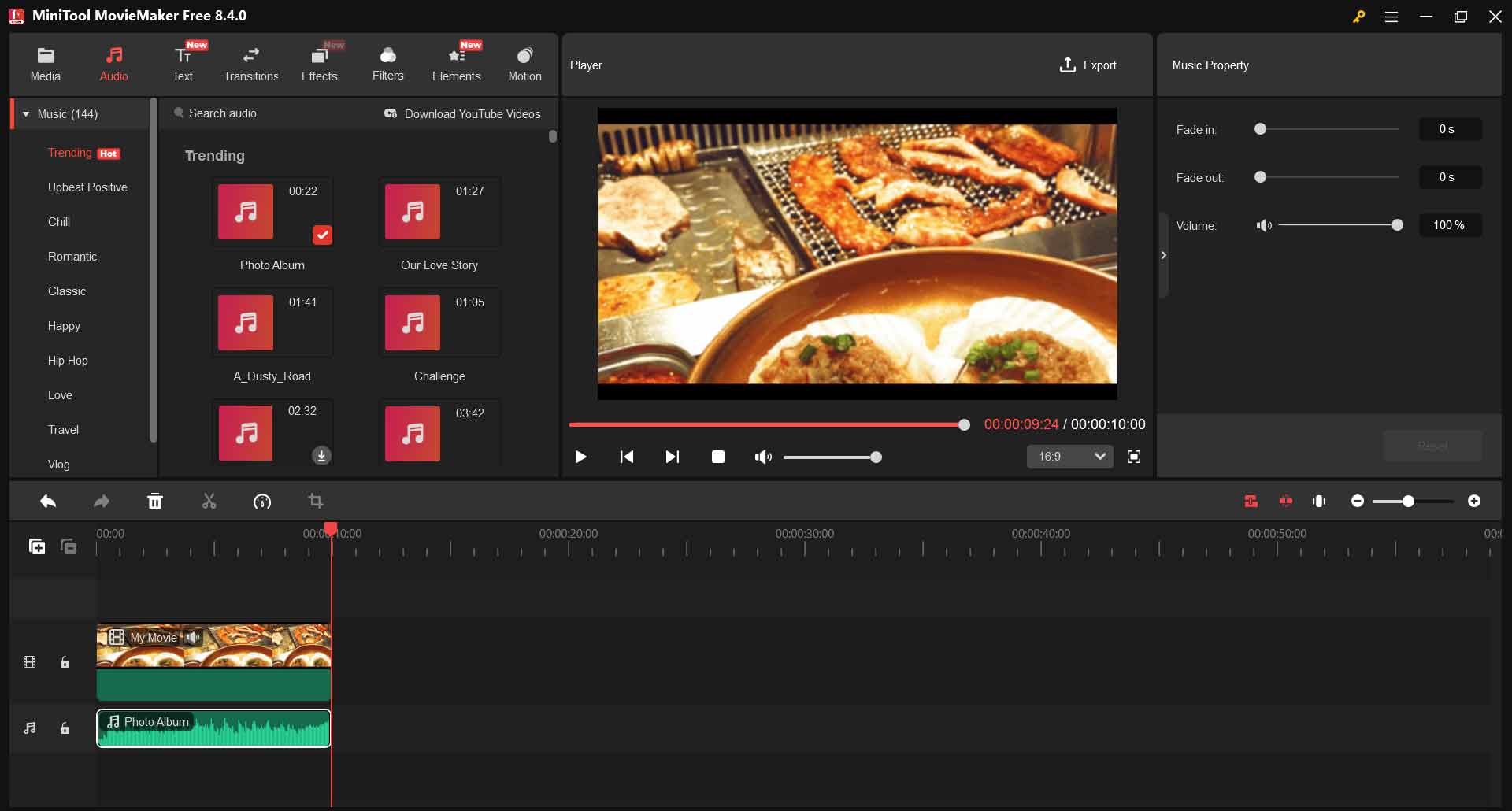 音楽がMiniTool MovieMakerの音声トラックに追加された状態