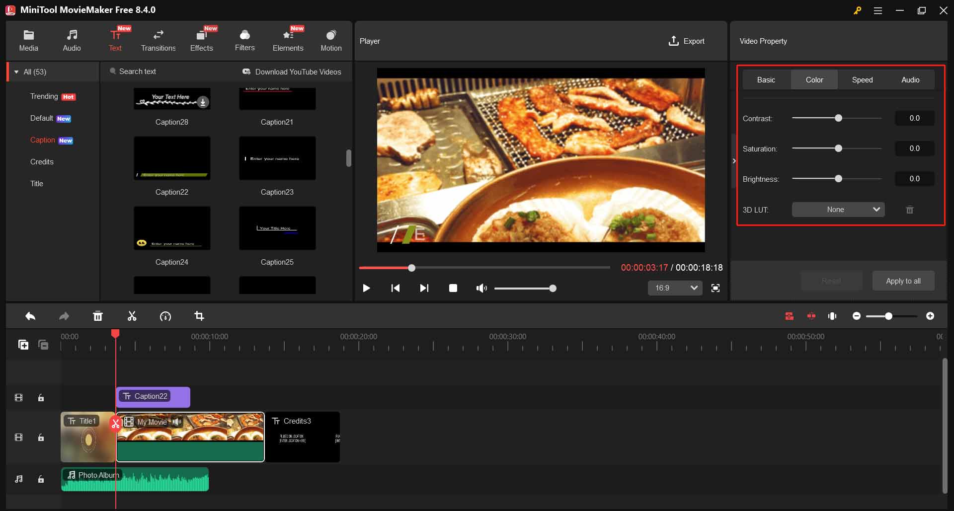 MiniTool MovieMakerの動画編集パネル