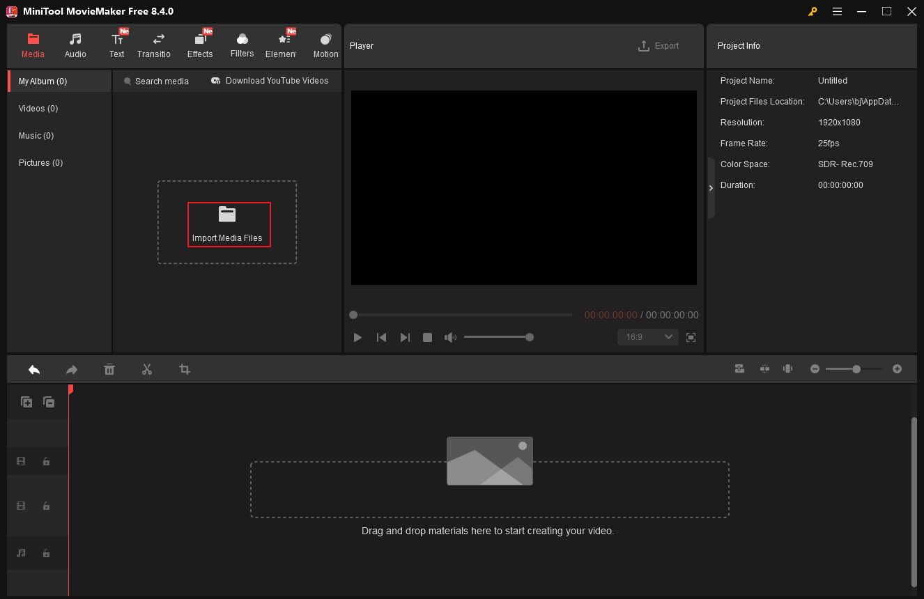 MiniTool MovieMaker interface with the Import Media Files option selected to import the video.
