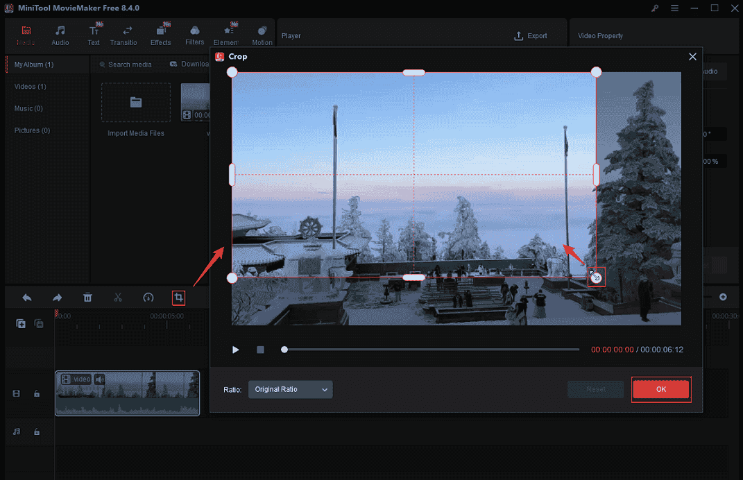 MiniTool MovieMaker interface showing dragging one of the video corners inward and the OK button selected to crop video.
