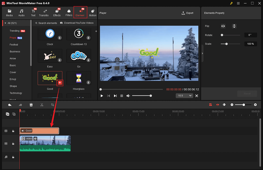 MiniTool MovieMaker interface showing adding a sticker from the Elements section to the video.
