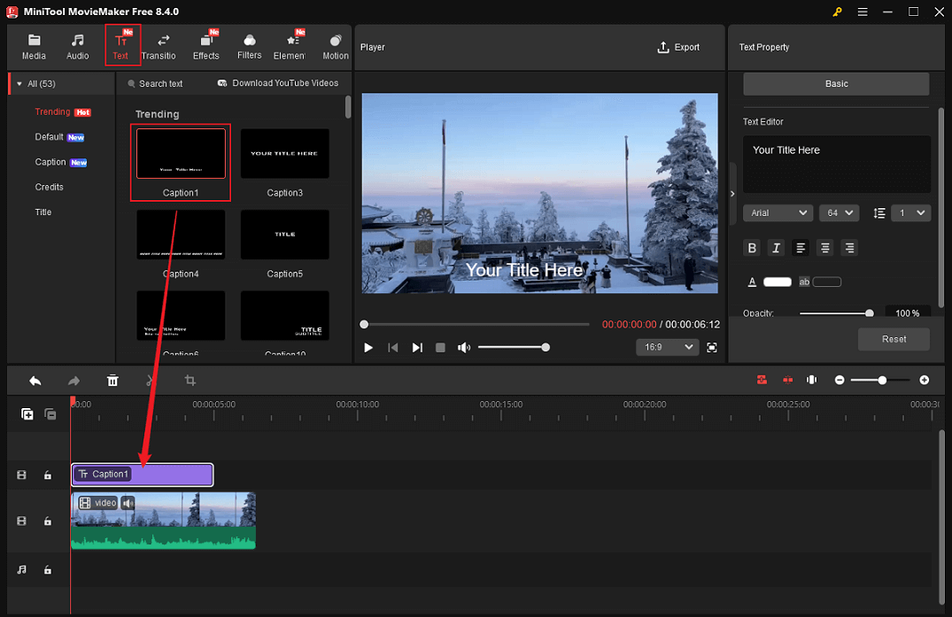 MiniTool MovieMaker interface showing adding text to video.