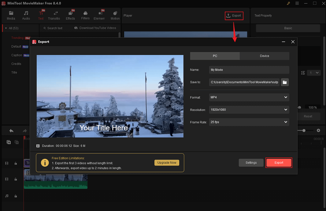 MiniTool MovieMaker showing exporting the Mukbang video.