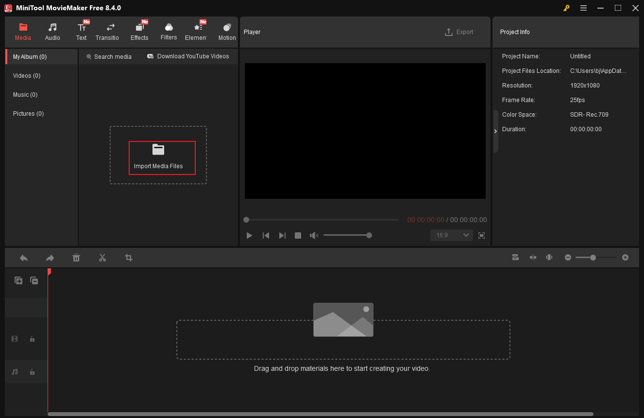 MiniTool MovieMaker interface with the Import Media Files option selected.