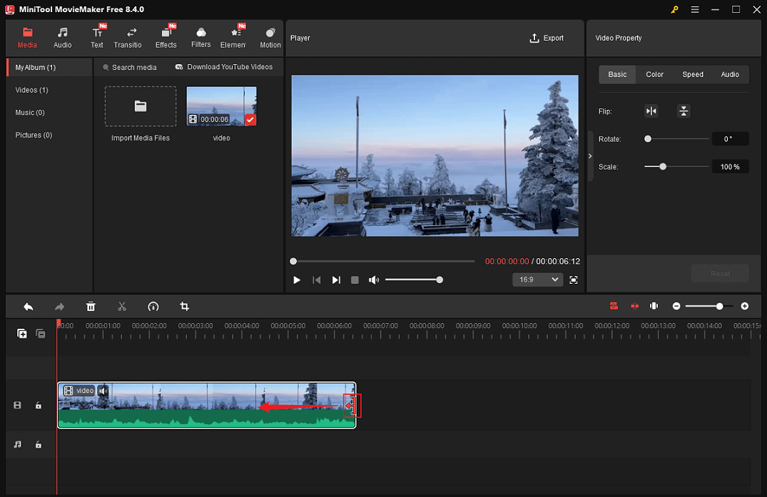 MiniTool MovieMaker interface showing trimming the video by dragging the Trim icon inward.