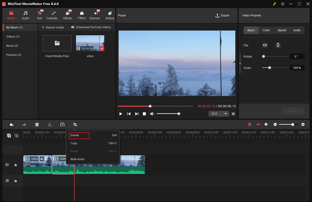 MiniTool MovieMaker interface showing the extraction of the middle part of the video.