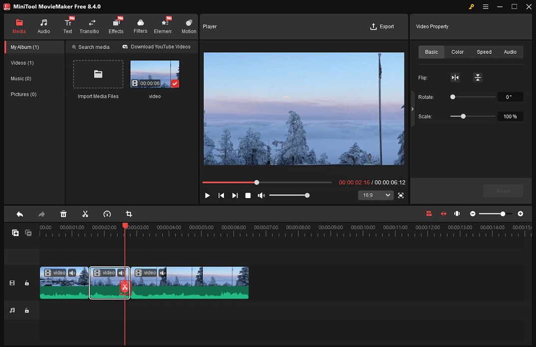 MiniTool MovieMaker interface showing separating the important video part from others.