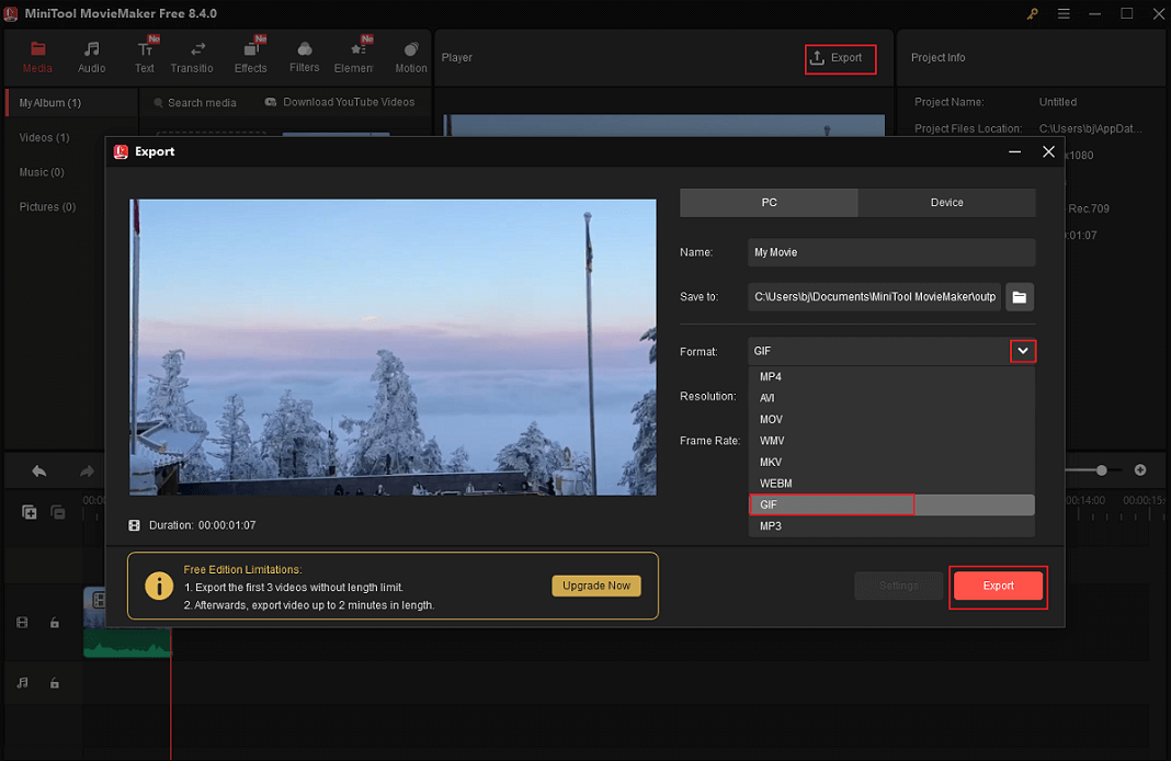 MiniTool MovieMaker showing selecting GIF from the Format dropdown list and the Export button selected.