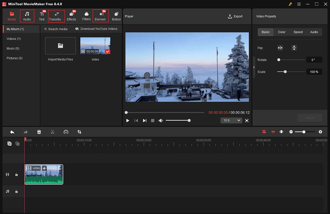 MiniTool MovieMaker interface with the Audio, Transitions and Elements option selected.