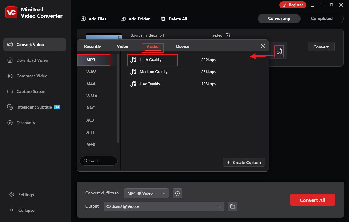 MiniTool Video Converter interface with the High Quality MP3 option selected from the expanded format menu.