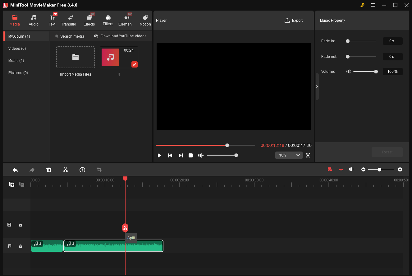 MiniTool MovieMaker interface showing how to split an audio file on the timeline.