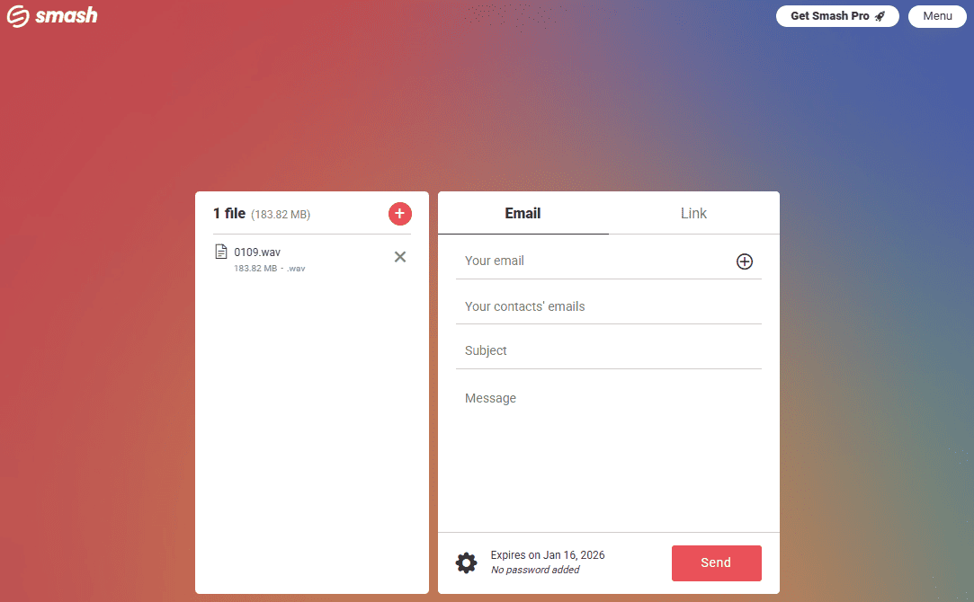Smash interface showing how to send a large audio file.