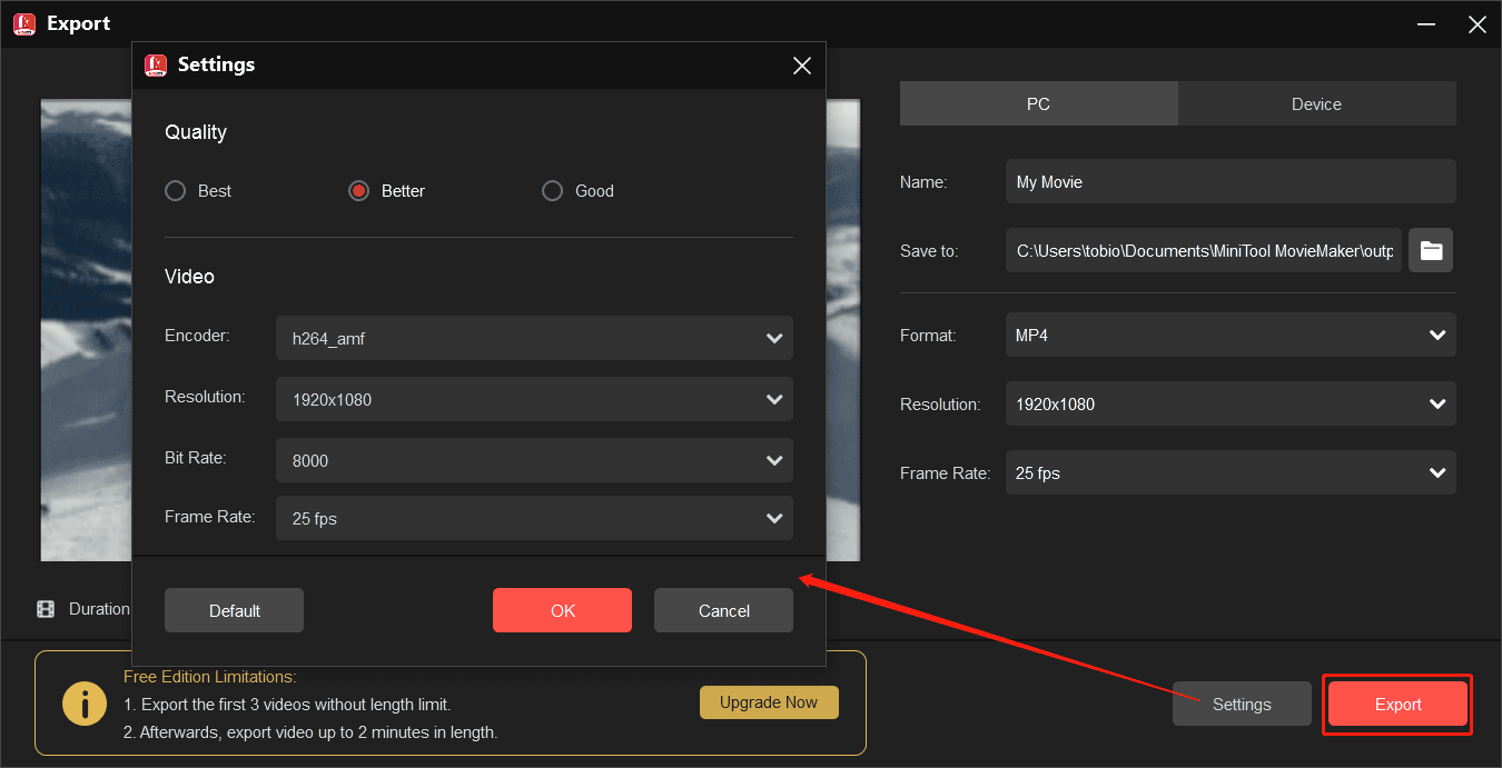 MiniTool MovieMakerのエクスポットウィンドウ