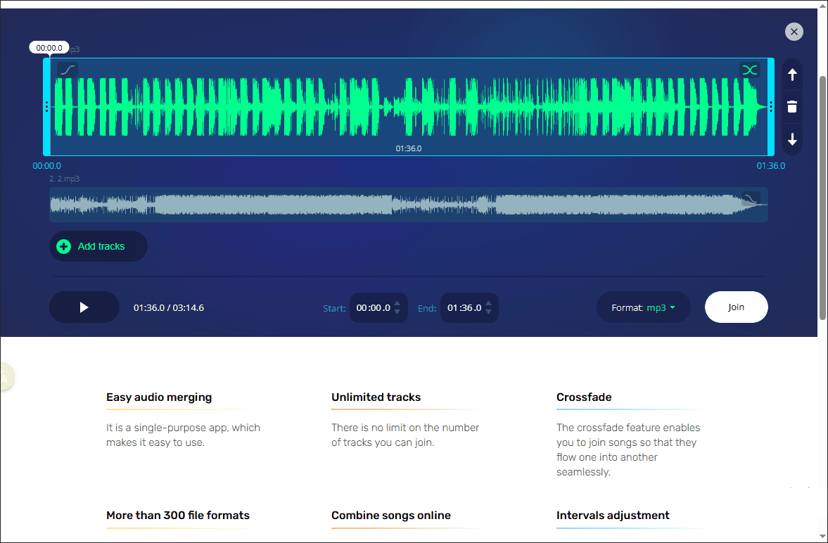 Altere a ordem das faixas e ajuste a duração delas no Audio Joiner.