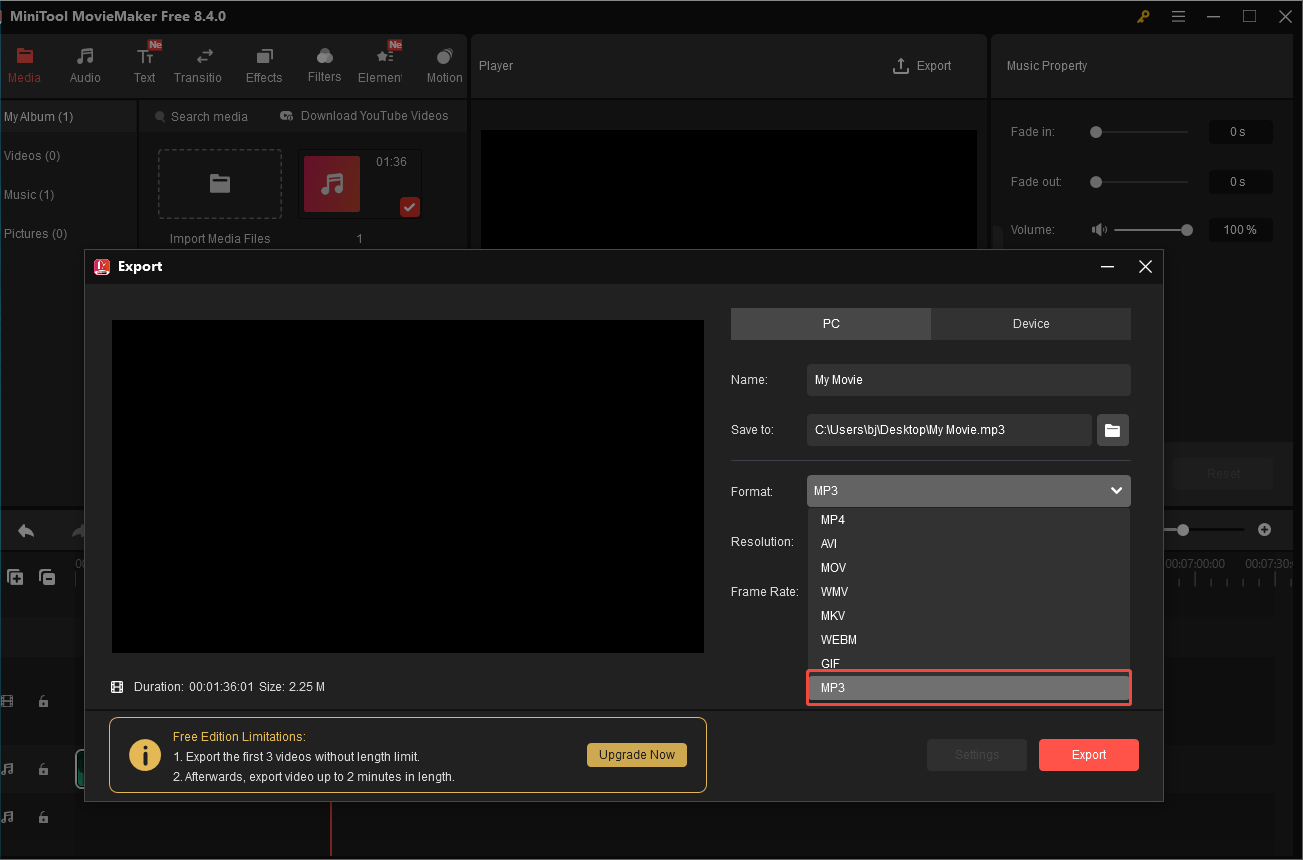 MiniTool MovieMakerでループしたオーディオをMP3ファイルとしてエクスポートする様子