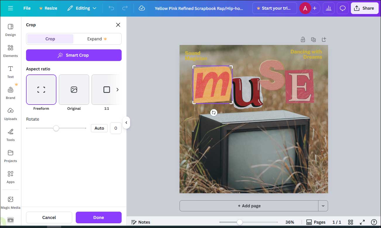 Canva interface showing how to customize the playlist cover.