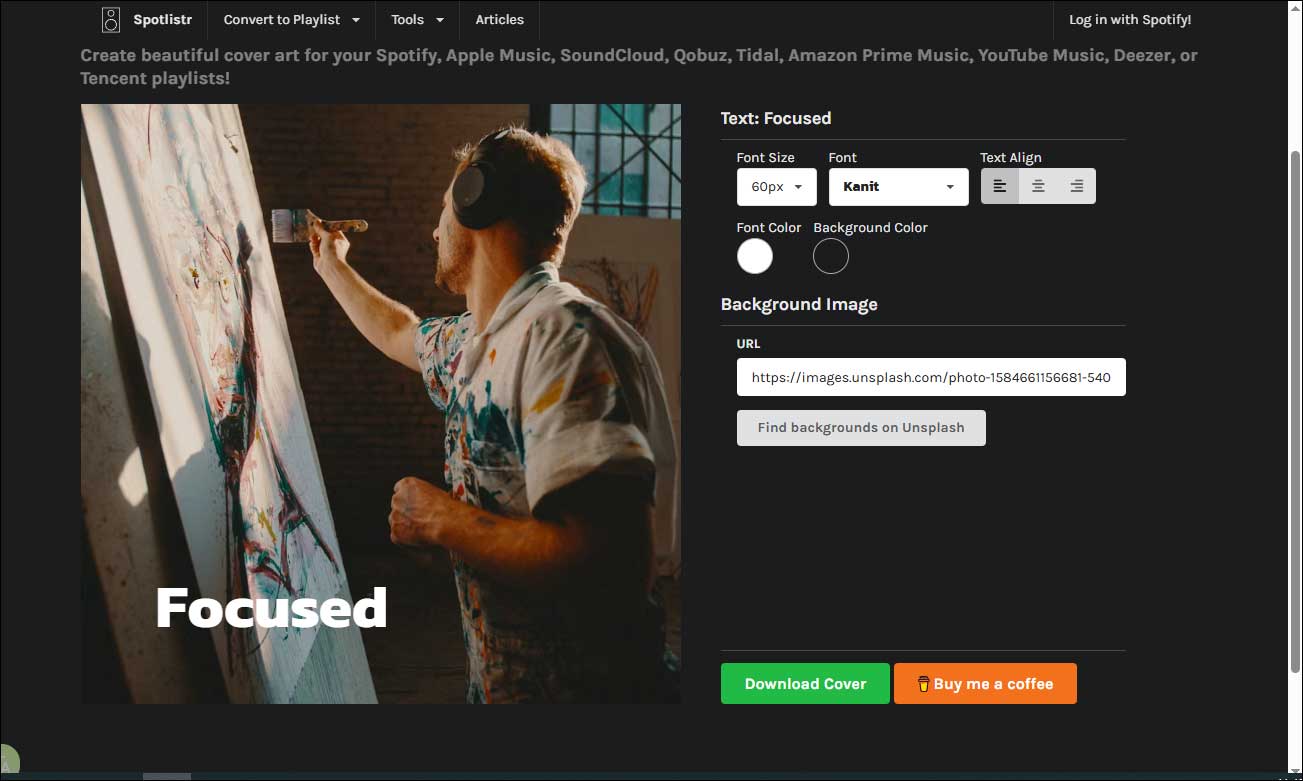 Spotlistr interface showing how to customize the playlist cover.