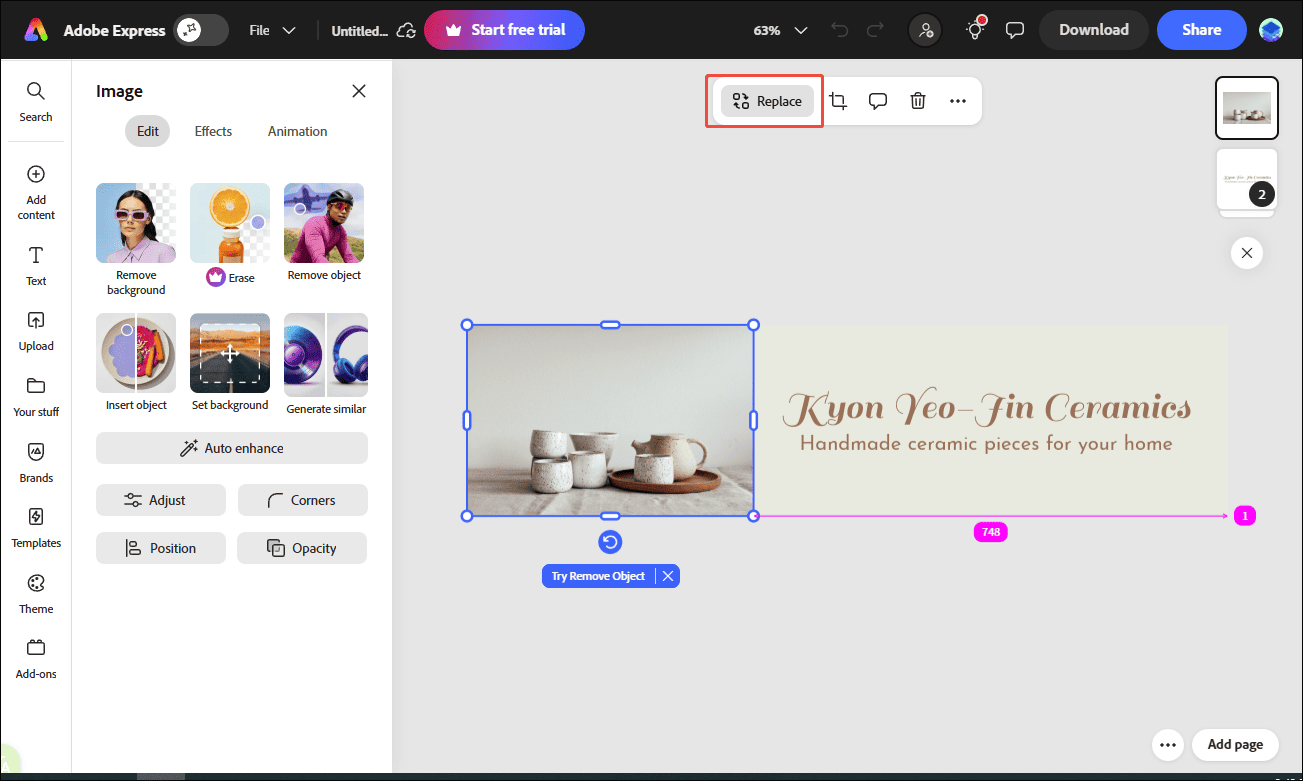 Adobe Express interface with the highlighted Replace option.