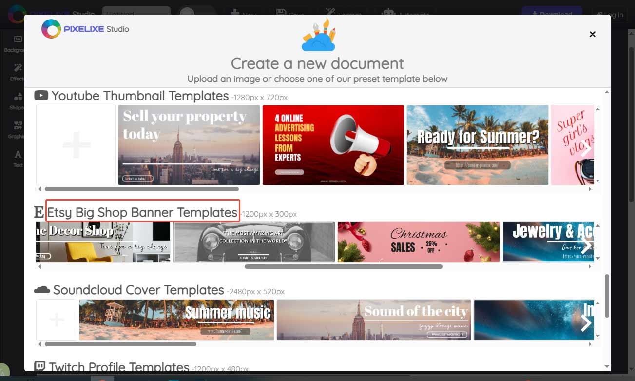 Pixelixe interface with the selected Etsy Big Shop Banner Templates category.
