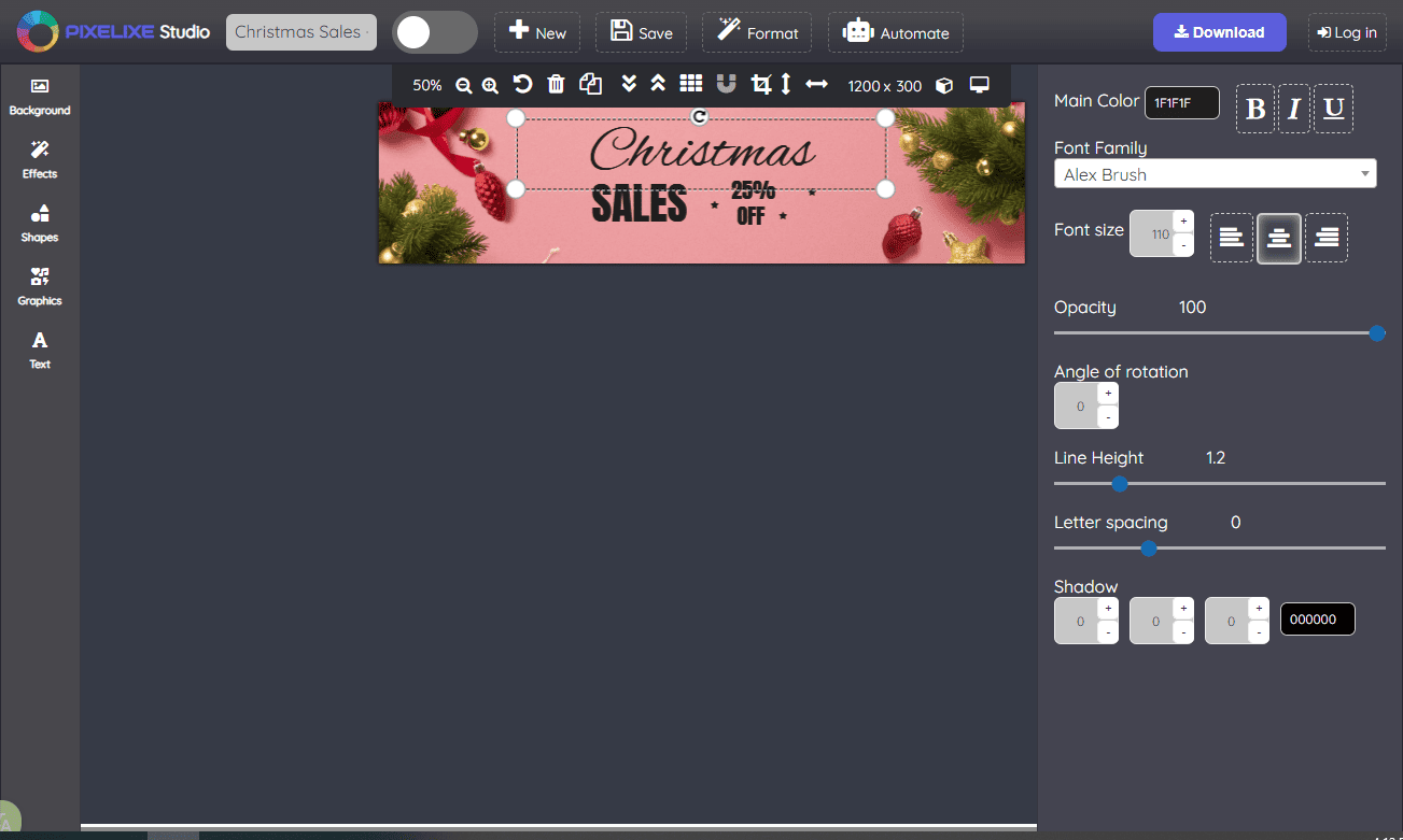 Pixelixe interface showing how to customize text styles.