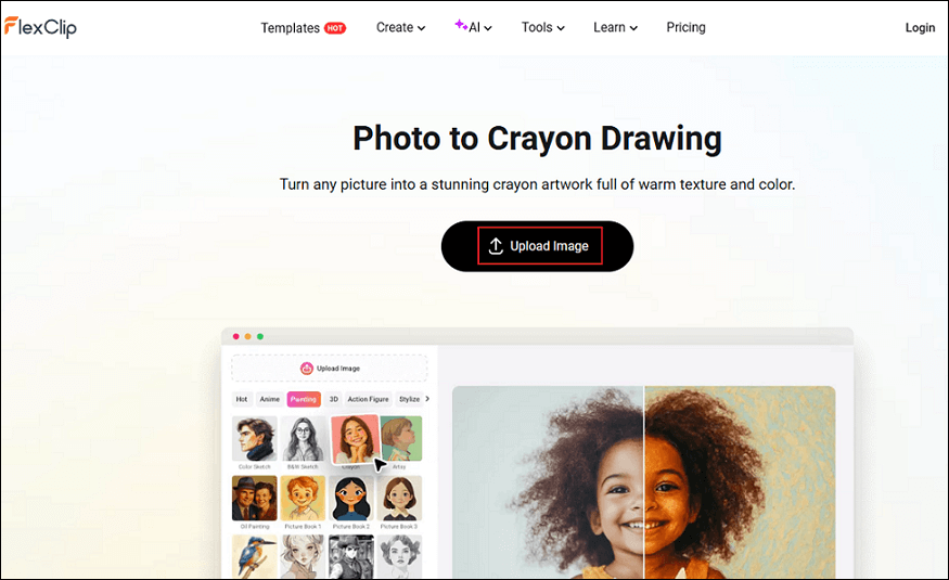 FlexClip interface with the Upload Image button selected.