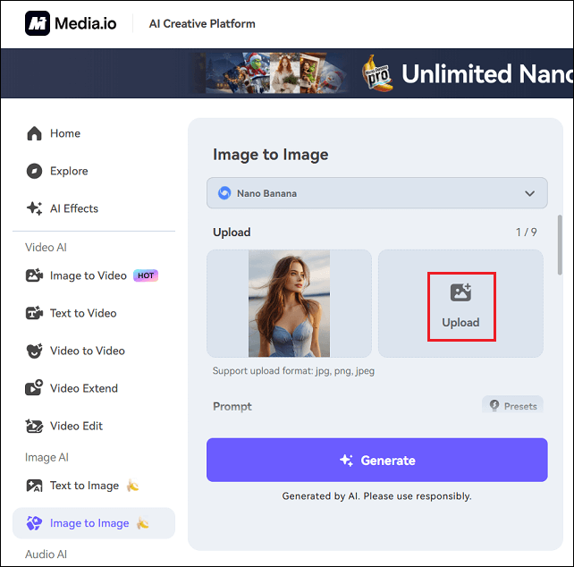 Alt=Media.io interface with the Upload option selected.