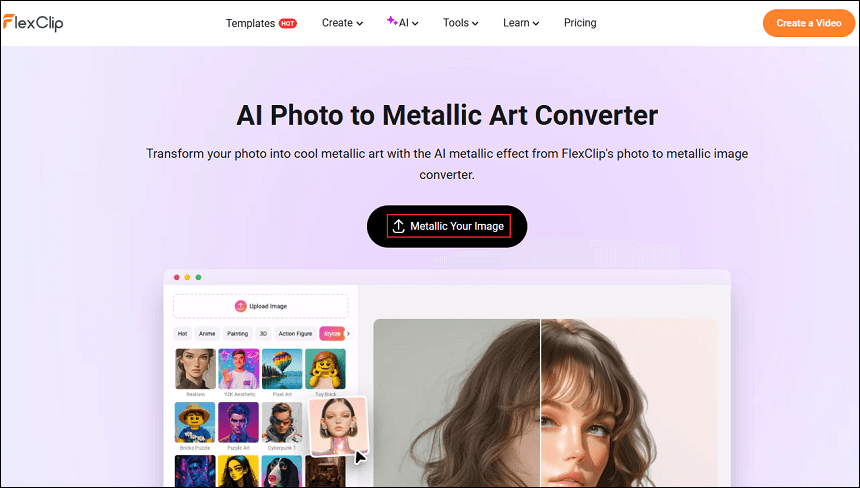 FlexClip interface with the Metallic Your Image option selected to upload your picture.