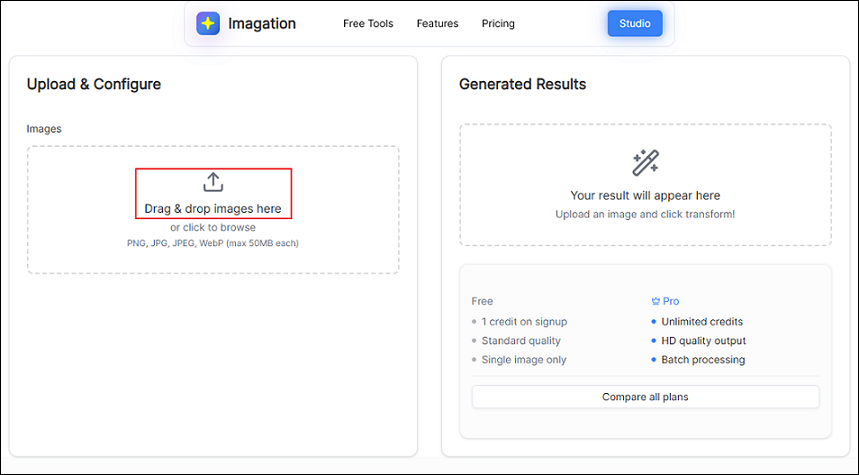 Imagation interface with the Drag & drop images here option selected.