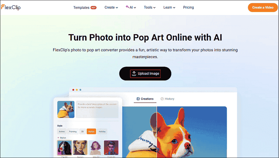 FlexClip interface with the Upload Image button selected.