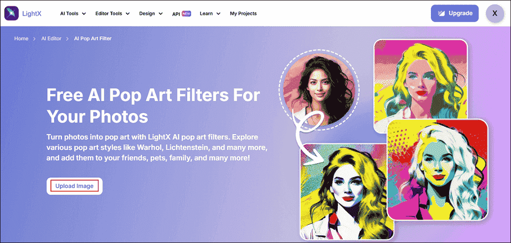 LightX interface with the Upload Image option selected.