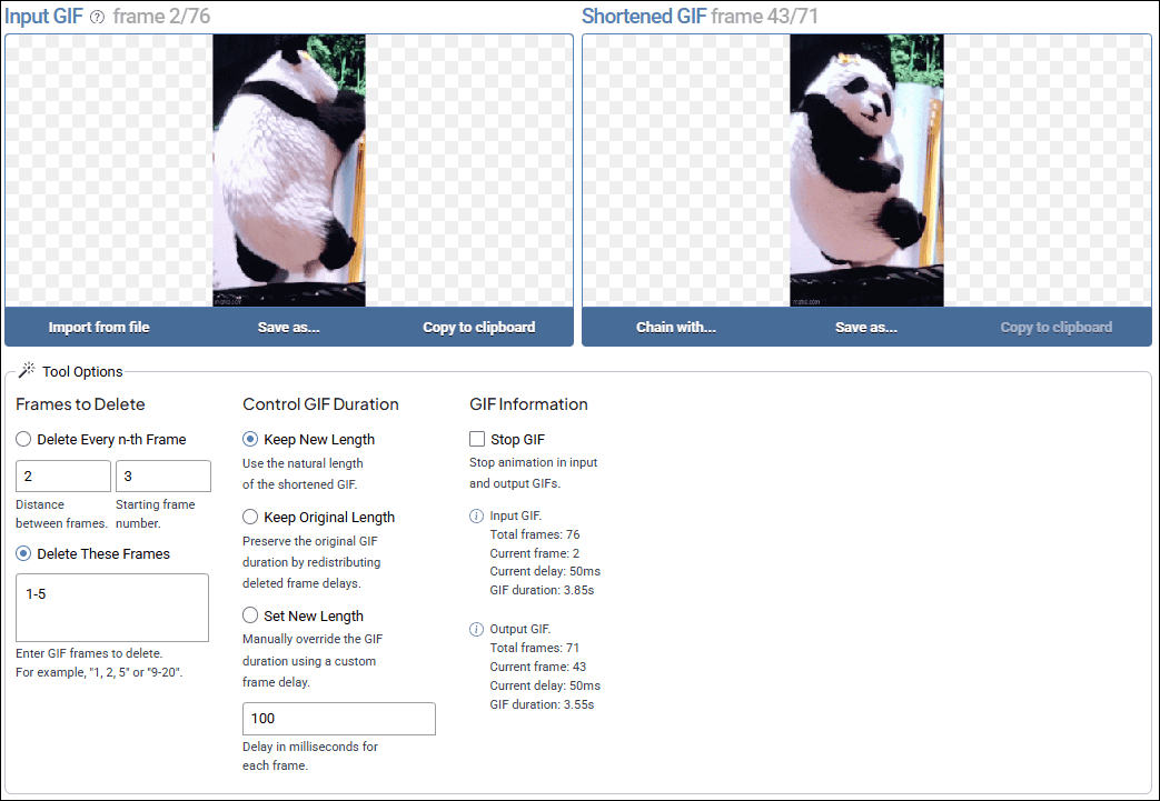 Online GIF Toolsを使ってGIFのフレームを削除する様子
