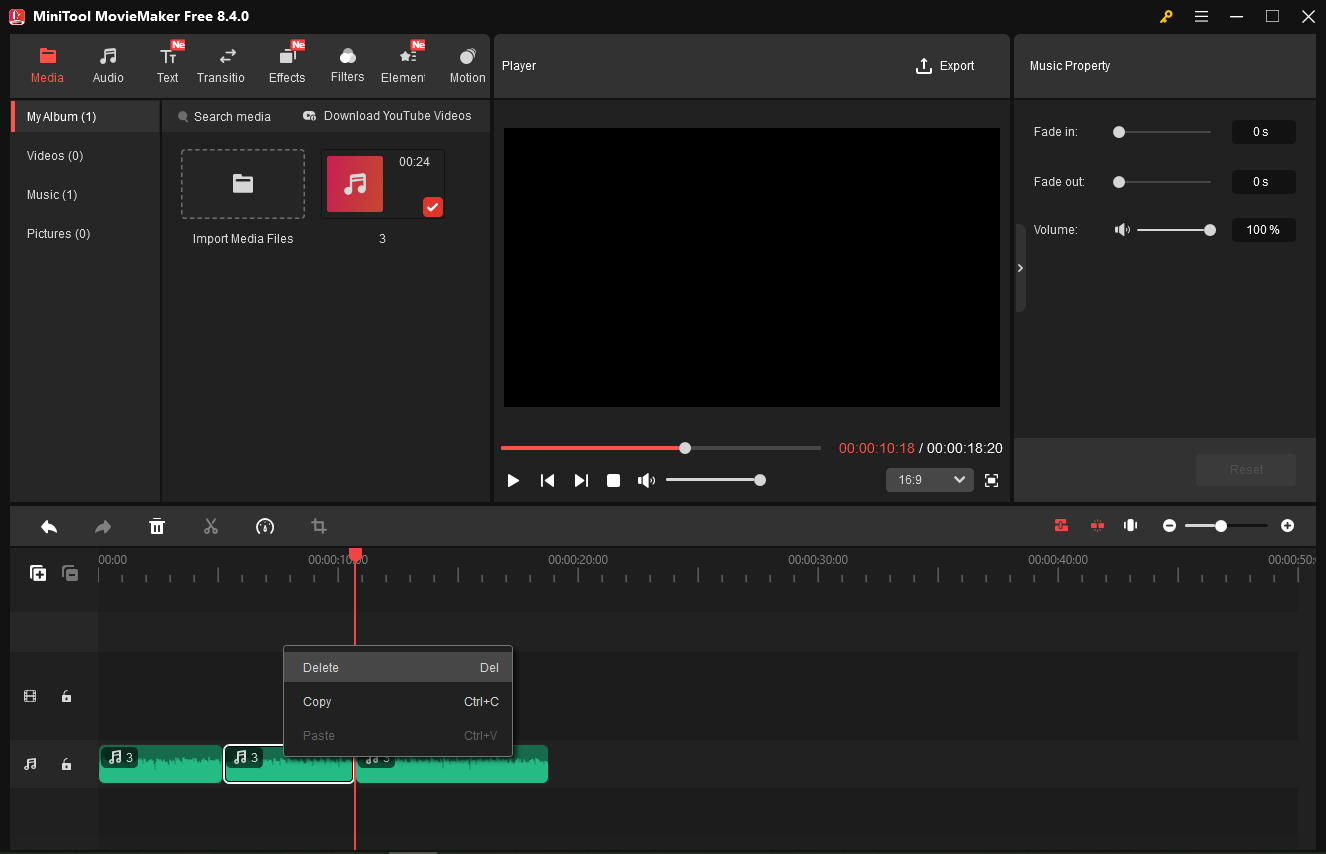 MiniTool MovieMakerでWAVファイルの中央の部分を分割して削除する様子
