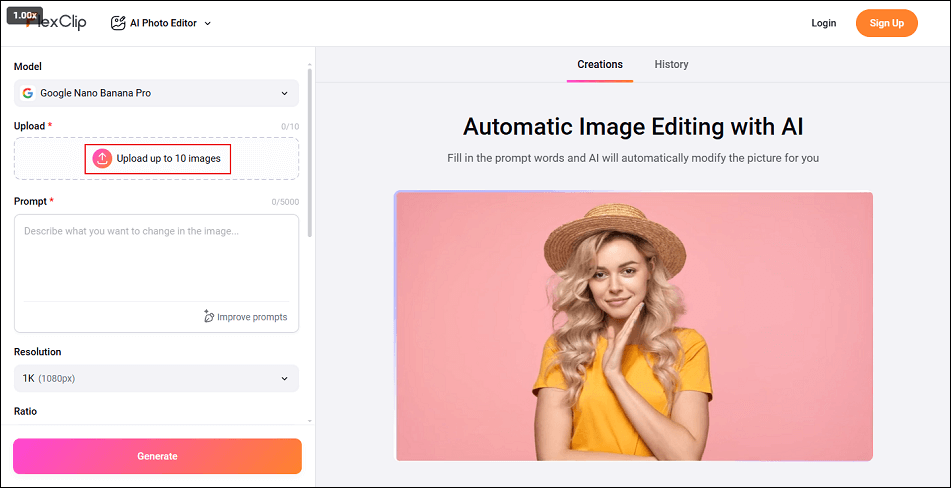 FlexClip interface with the Upload up to 10 images option selected.