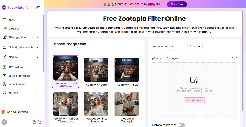 EaseMate AI interface with the Choose File option selected.