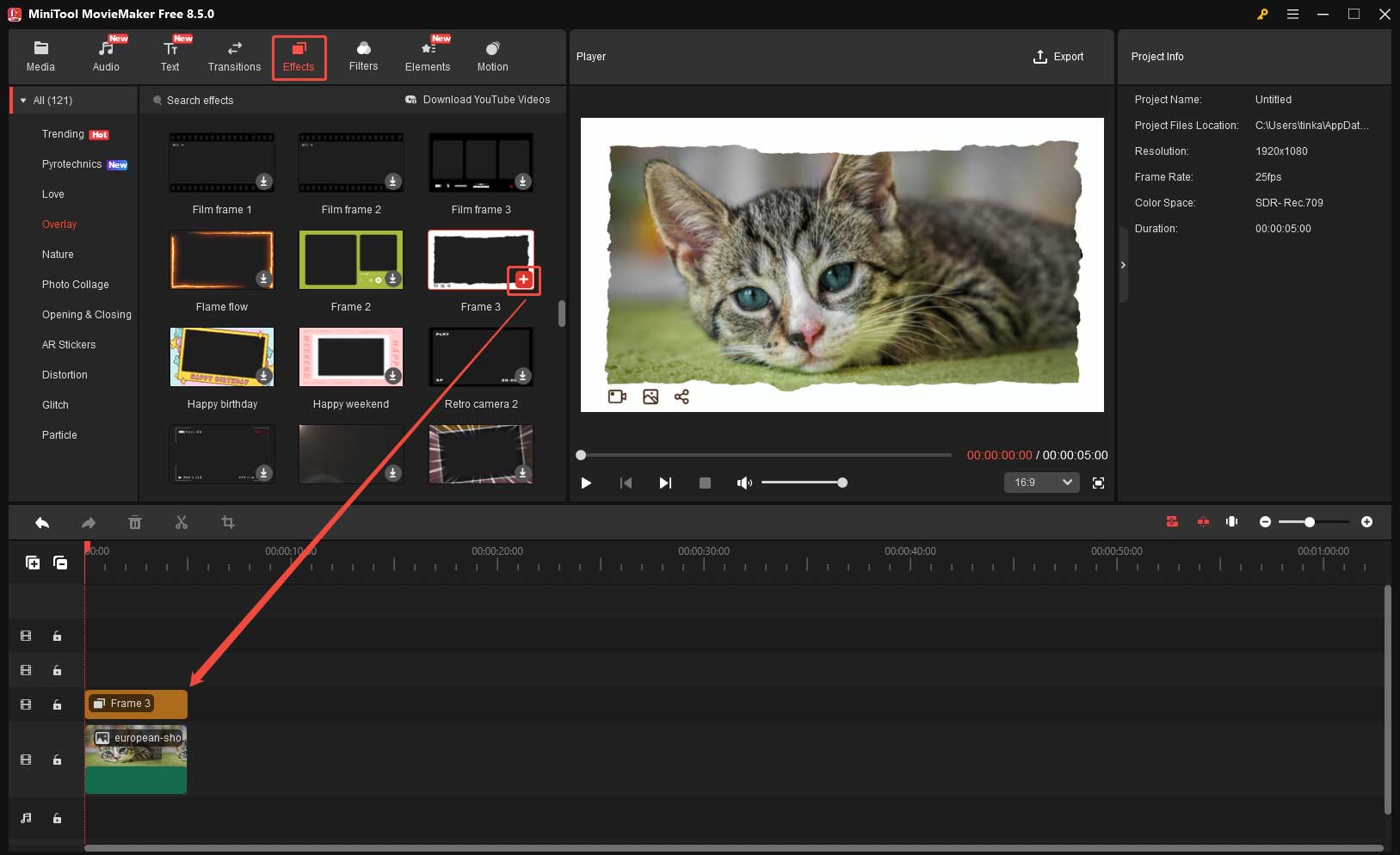 MiniTool MovieMakerで写真にフレームをつける方法を示すスクリーンショット