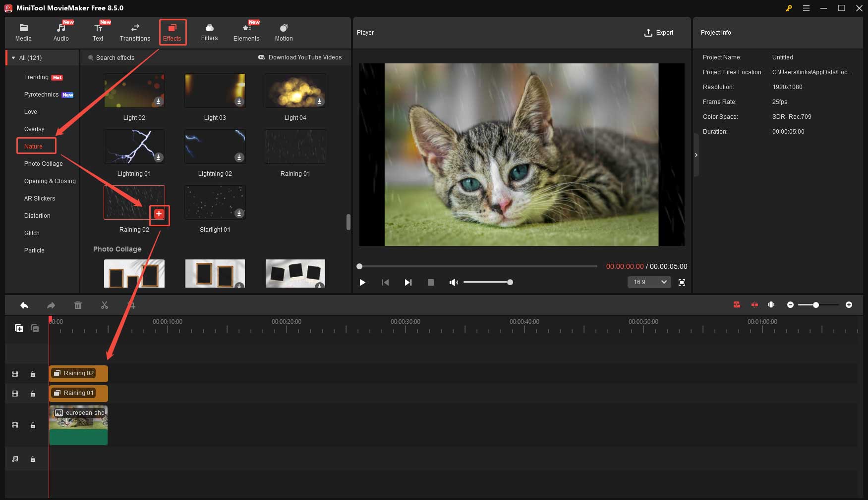 MiniTool MovieMakerで写真に雨エフェクトを追加する方法を示すスクリーンショット