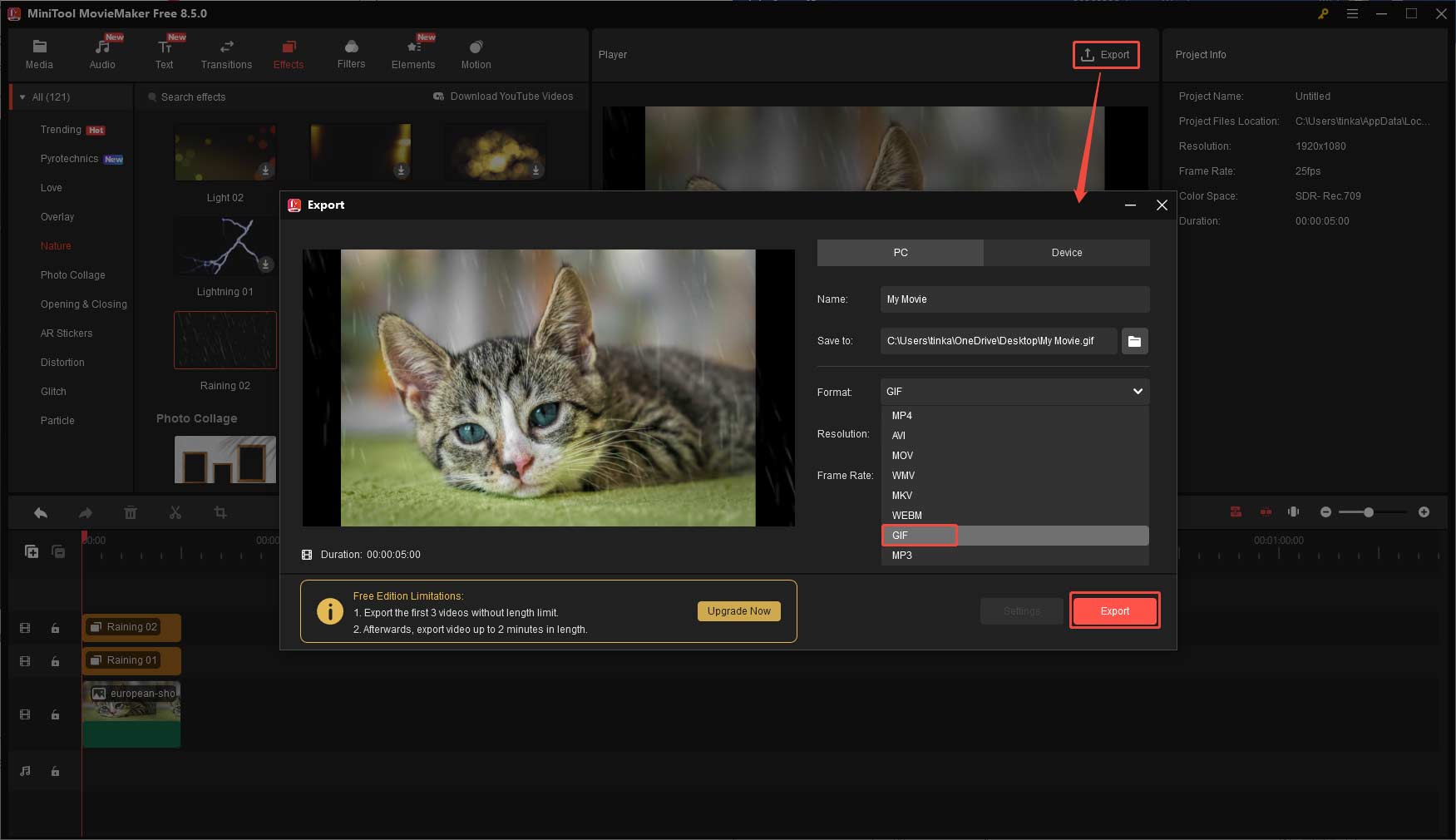 MiniTool MovieMakerから雨エフェクトをつけた写真をエクスポートする様子