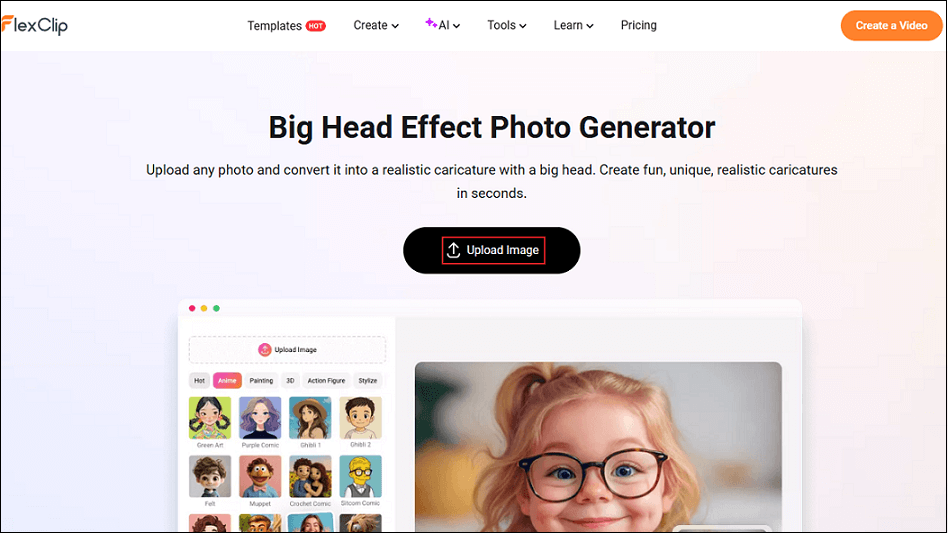 FlexClip interface with the Upload Image button selected.