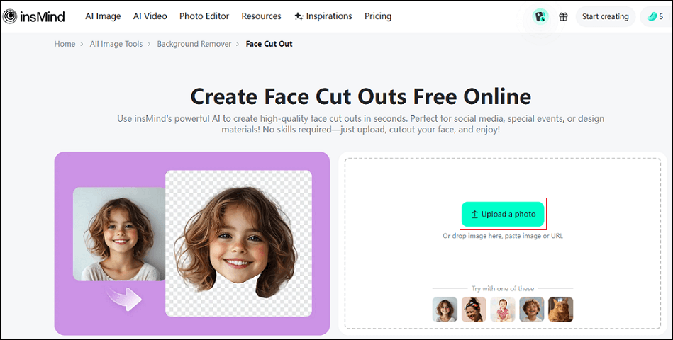 insMind interface with the Upload a photo option selected.