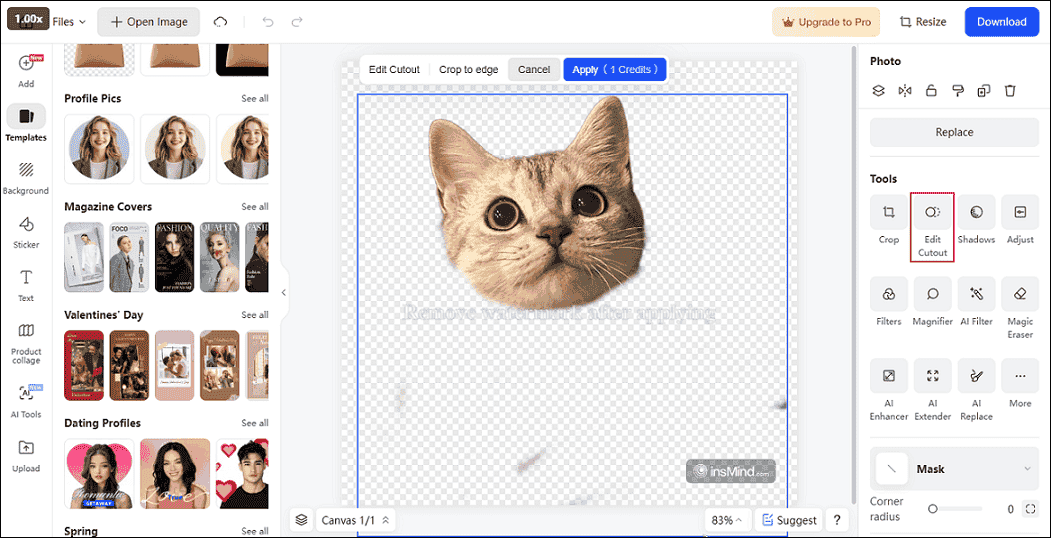 insMind interface showing how to edit the cutout.