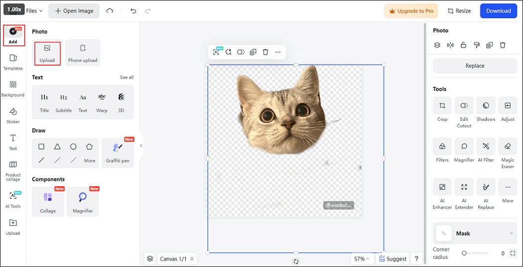 insMind interface showing how to upload the original picture by clicking the Upload option.
