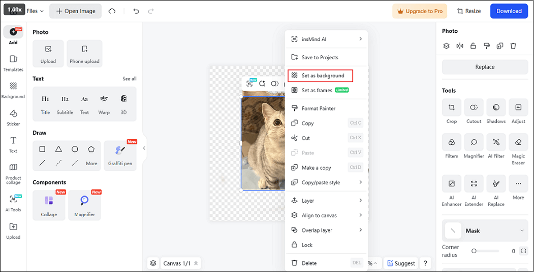 insMind interface showing how to set the second picture you added as the background.