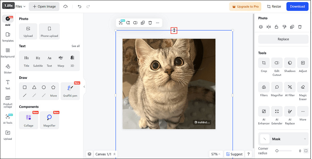 insMind interface showing how to enlarge and adjust the cutout to make it match the background.