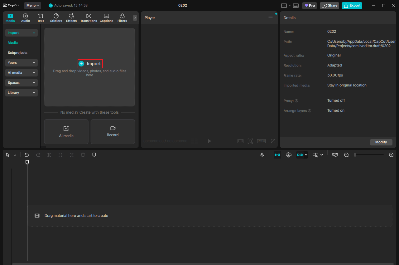 CapCut interface with the Import option selected to add your video.
