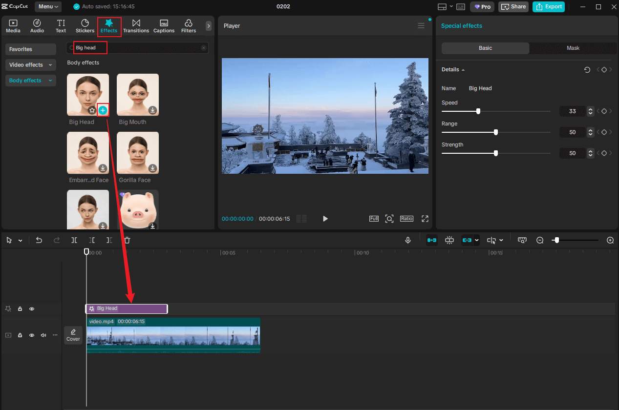 CapCut interface showing how to add a big head effect to the video from the Effects library.