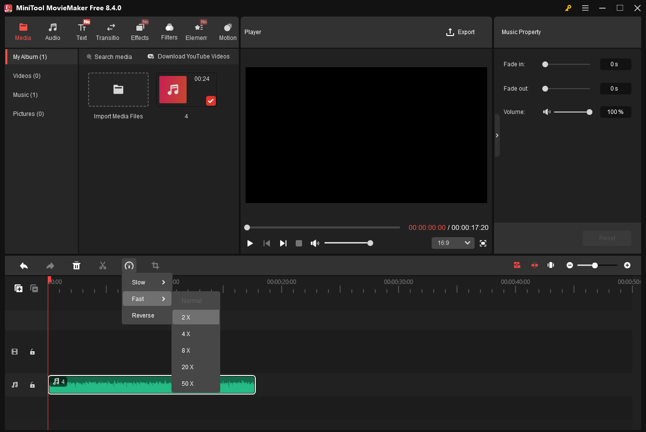 MiniTool MovieMaker-Oberfläche mit der Option 2x aus dem Dropdown-Menü Geschwindigkeit.
