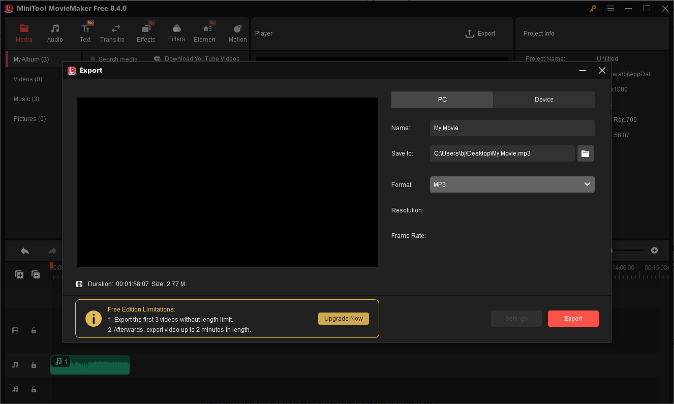 MiniTool MovieMaker-Exportfenster mit der im Menü Format ausgewählten Option MP3.