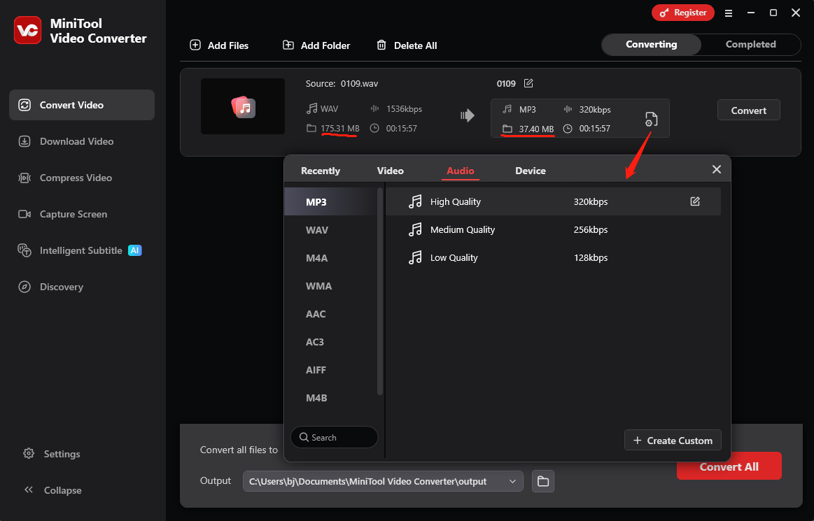Die Benutzeroberfläche von MiniTool Video Converter zeigt, wie Sie das Ausgabe-Audioformat auswählen können.