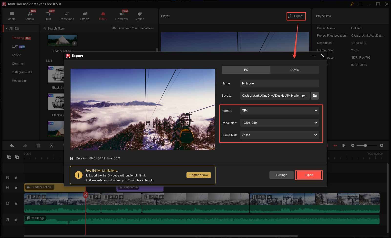 MiniTool MovieMakerで編集した環境ビデオをエクスポートする様子