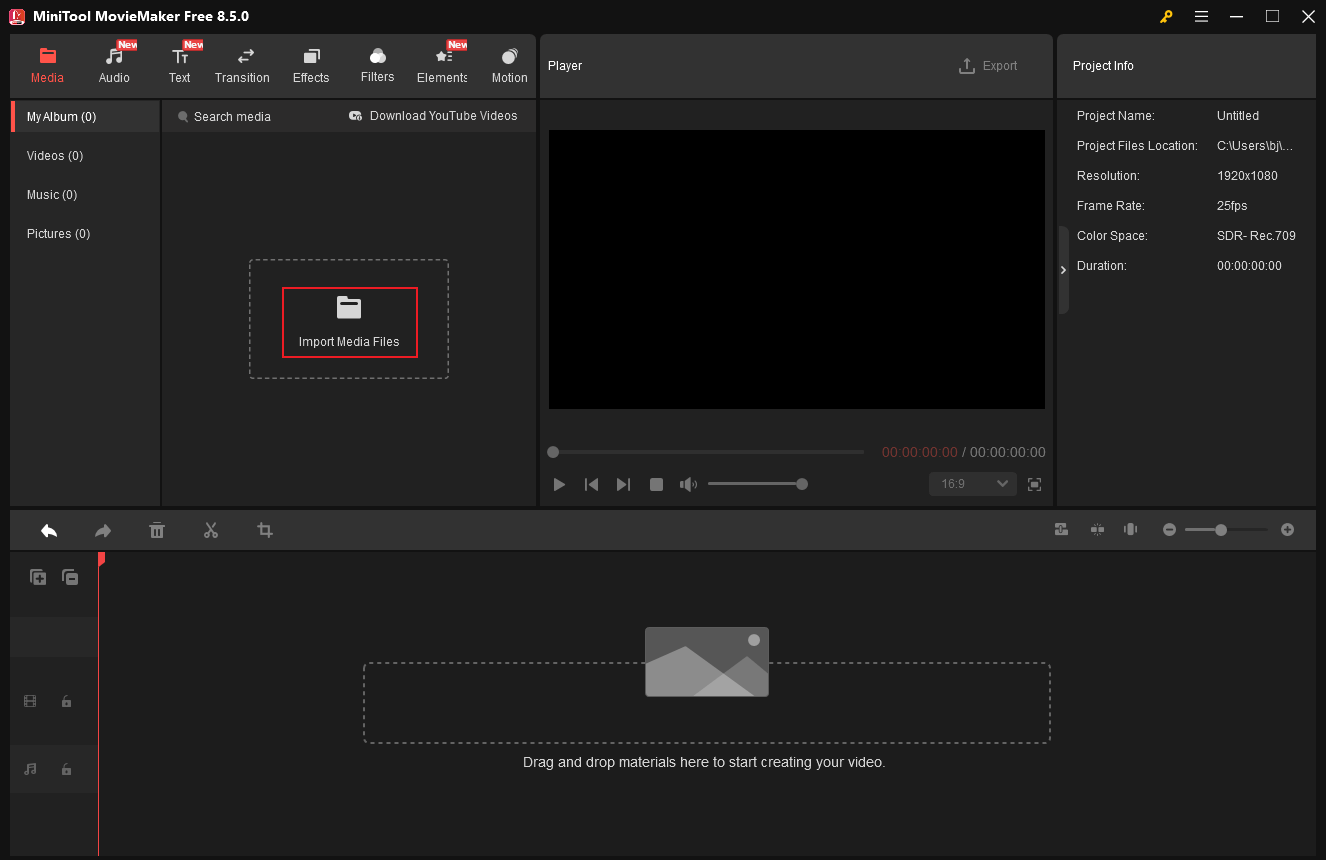 MiniTool MovieMaker interface with the Import Media Files option selected.